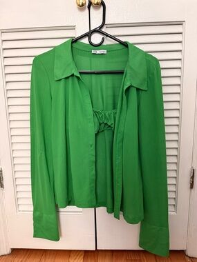 Zara Bright Green Two-Piece Button-Down Shirt with Ruched bralette